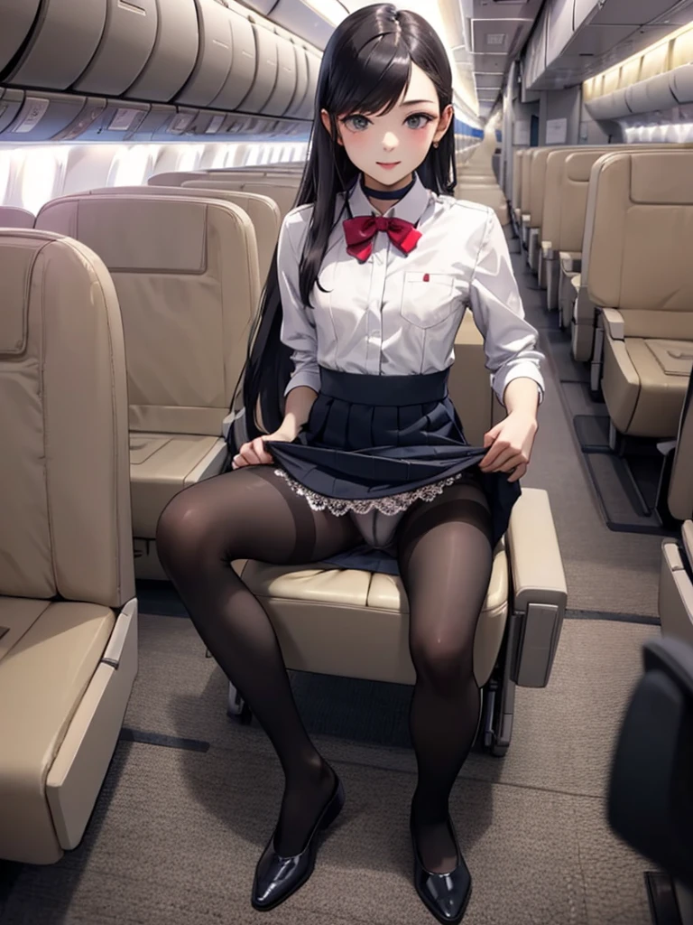 masterpiece, best quality, 1 girl, solo, 10 years old, small breasts, Perfect Face, beautiful, extremely long hair, jal uniform, airplane interior, black pantyhose, white lace panty, panties under pantyhose,full body,sit on the seat,, panty shot, skirt lift