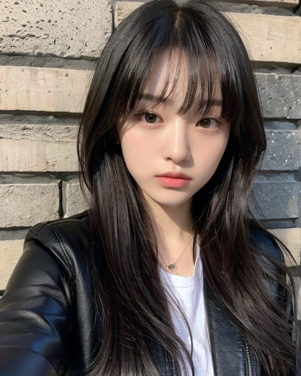 (Highly realistic photos, concentrate、High resolution, Detailed face, Detailed Hair,fine grain), ((Shooting in front of a wall))、Japanese women, 20-year-old, various expressions, Upper Body、alone:1, Slim figure,((Wearing a black jacket))、Only one person is in the photo、Natural look、(Light bangs、Long Hair、Black Hair,)