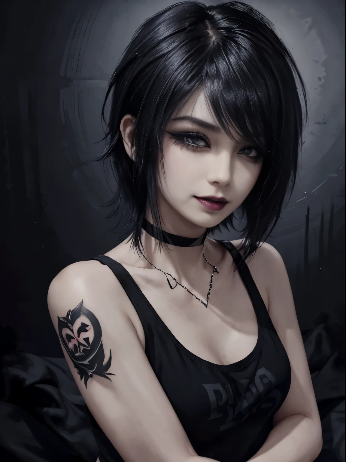 1girl, woman, emo_hairstyle, black lipstick, smug, grin, choker, cuffs, eyeliner, eye shadow, mascara, smoky eyes, realistic lighting, tank top, flat chest, satanic tattoo.