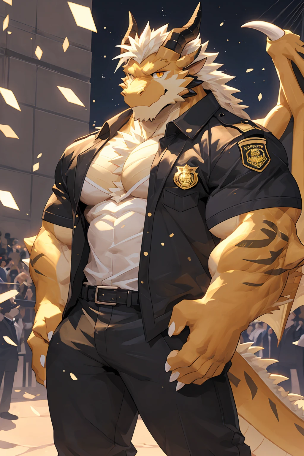 male focus, security guard, Handsome 1boy, solitary, protrait photo，single, (White Paws, White nails:1.4), (Long blond hair:1.2), (Black and gold dragon wings:1.2),  Black and gold dragon tail, (Black and gold dragon horns, Black and gold horns:1.3), Gold Tattoo, (perfect golden eyes, Black and gold skin, Black and gold body, black scales, black ear:1.3), 
Western Dragon, dragon, dragon boy, dragon body, (big eyes, large eyes:1.3) , Golden dragon tattoo, Dragon Scale, 
Wearing black short sleeves, Wearing a white short-sleeved shirt, Black trousers, Black short shoes, Black leather belt, 
(full body:1.2), Front view, (Mature men:1.1), (muscle,Strong male, muscle男, Exposed chest muscles:1.2), Abdominal muscles, (Thick thighs:1.1), (Standing:1.3), (Looking at the audience, Focus, Eyes gaze:1.3), (Smile:1.2), (Slightly bow your head 1.3), 
full background, Blue sky, White Cloud, ground, School, School gate, security guard亭, 
Mysterious and romantic atmosphere, Caustic lines(refraction, polarization)Perfect anatomical structure, absurd, Detailed background, Delicate eyes,Printing style。（artist:Takemoto Arashi）