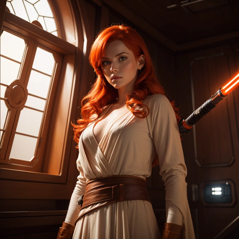 Beautiful redhead Jedi, with an orange lightsaber, on a ship with a large window behind her