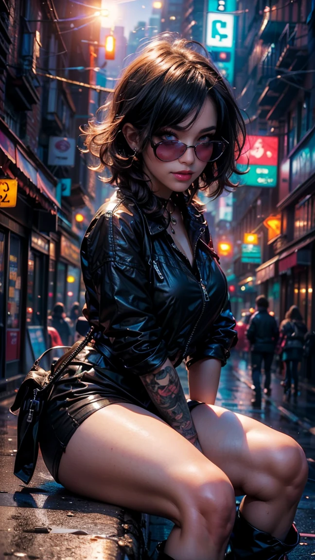 ((Imagina a una chica sexy, vulgar, cabello color morado y rosa con un peinado punk alocado, ojos sexys color rojo intenso, sonrisa sensual, standing in an urban setting under the neon lights of the city. Lleva una chaqueta oversized de color negro, combined with a pastel satin blouse. muestra sus atributos femeninos y sexys. En sus pies, lleva unas botas negras punks de plataforma que reflejan las luces de la ciudad. En una mano, lleva un bolso de lona de moda. Her red ink sunglasses have a futuristic design that gives her look a cyberpunk touch.. Her posture and expression reflect her confidence and fashionable style..,plano amplio, cuerpo completo. sentada sosteniendo sus rodillas, (foto cruda, mejor calidad), (realista, photo-realista:1.3), Obra maestra, un extremadamente perfecto y hermoso cuerpo, cuerpo palido extremadamente detallado, Best quality score, ultra dynamic fashionist sitting pose, close up, high view, fashion atmosphere, pose de modelo sentada. cabello color morado y rosa