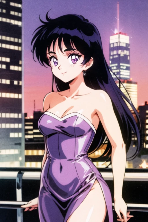 1990s \(style\), Best quality, masterpiece, ager, Rei Hino, Long black hair, purple eyes, Smile, Bare Neck, Bare Arms, Bare Shoulders, Strapless, Short Shiny Purple Dress, Purple Dress, Bodycon, medium breast, Standing Up, Cowboy Shot, city background, in the center, looking at you, upper body, headshot portrait, 1 girl, solo