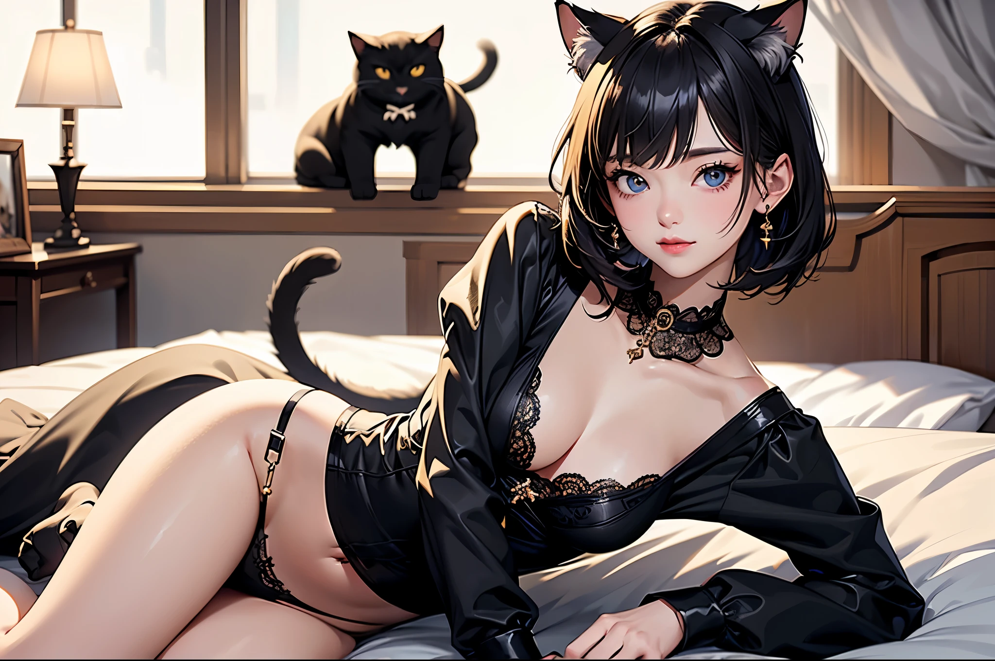 (highest quality, masterpiece, High resolution)、4K Anime Art、(One girl)、whole body、 (Detailed depiction of a cute face)、Black Hair、short hair、semi-long、Bobcut、Hair Bun、hair ornaments、(Cat ear)、Black Cat Costume、White Cat Costume、choker、(lingerie)、sexy mini dress、Captivating smile、Small breasts、(Lying on the bed and looking at the viewer)、Cinematic Light、Soft Light、(indoor、dim、lamp)、(Simple Background)、((Blank Background))、