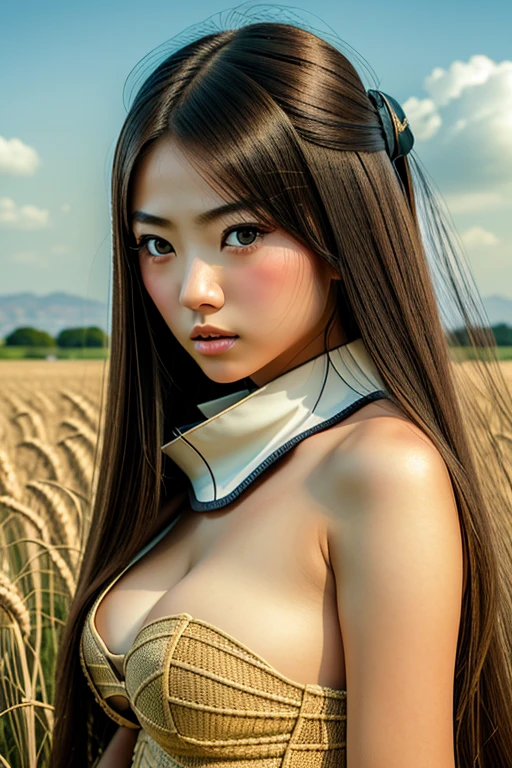 model shoot, (1 girl), adorable Japanese warrior, puffed big breast, super detailed, Dynamic shot, masterpiece, scene sharp details, ailky long hair, perfect eyes, perfect skin, perfect hands, fierce looking, wheat fields, battle field, hyper-realistic photography