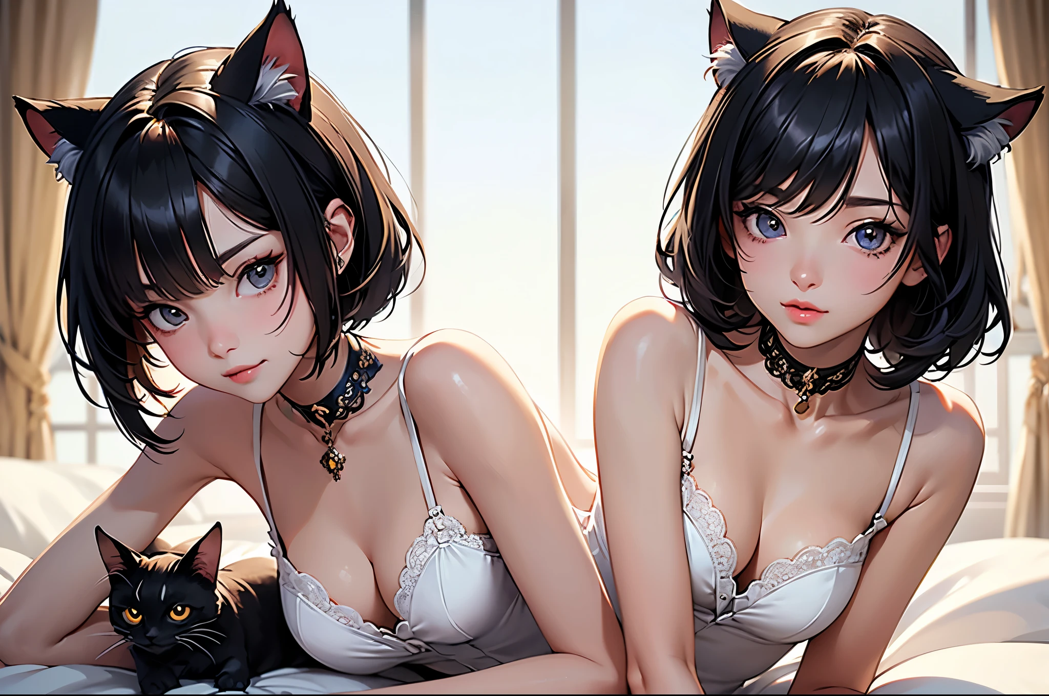 (highest quality, masterpiece, High resolution)、4K Anime Art、(One girl)、whole body、 (Detailed depiction of a cute face)、Black Hair、short hair、semi-long、Bobcut、Hair Bun、hair ornaments、(Cat ear)、Black Cat Costume、White Cat Costume、choker、(lingerie)、sexy mini dress、Captivating smile、Small breasts、(Lying on the bed and looking at the viewer)、Cinematic Light、Soft Light、(indoor、dim、lamp)、(Simple Background)、((Blank Background))、