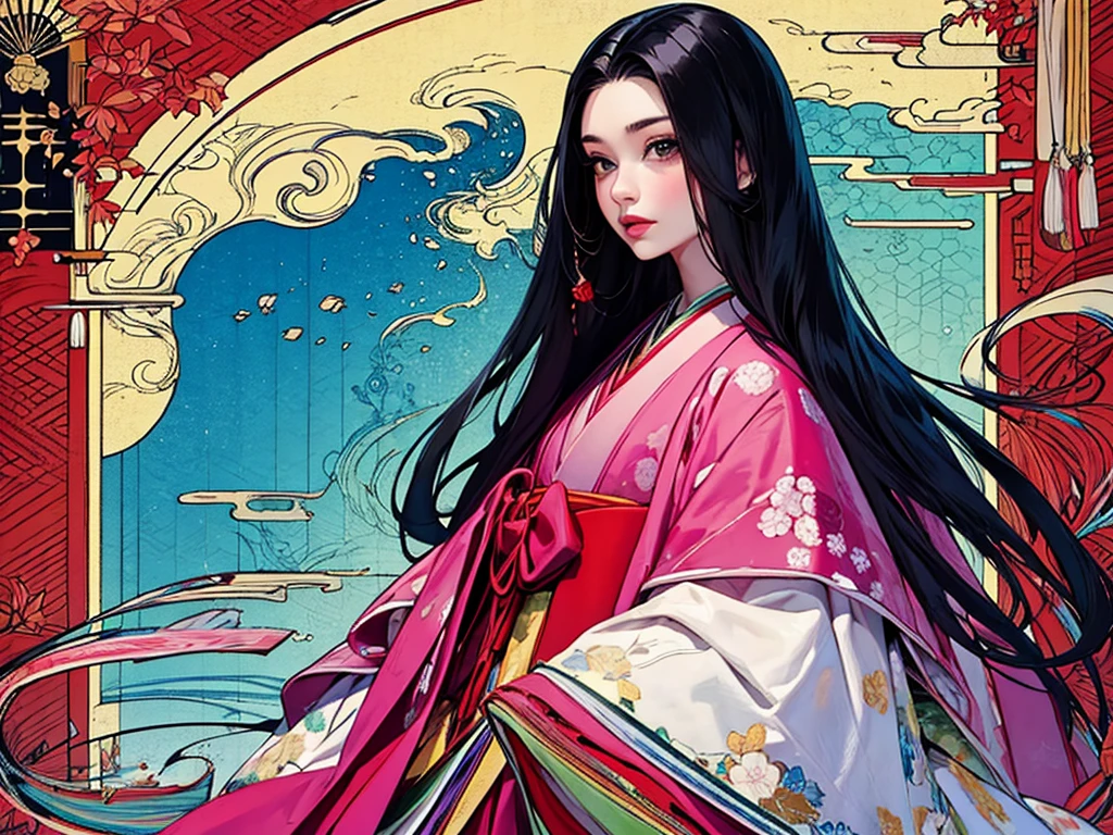 juunihitoe，(masterpiece, highest quality, highest quality，aesthetics:1.2)，From the side，Esbian all over，1300 years ago，Japan_Heian period，noble，１Beautiful Princess，Beautiful Skin，(Bob Straight Hair　Long beautiful black hair　wealthy)，Beautiful round eyes，(kimono　Gentle pink hue　The beauty of layered colors)，Silk luster，Layered collar，Wide sleeves，Long hakama hem，dream-like，Elegant，highest quality，Beautiful graphics, Ultra Detail，butterfly，Fresh，The background is minimal，Image of a transparent robe，Beyond eternity