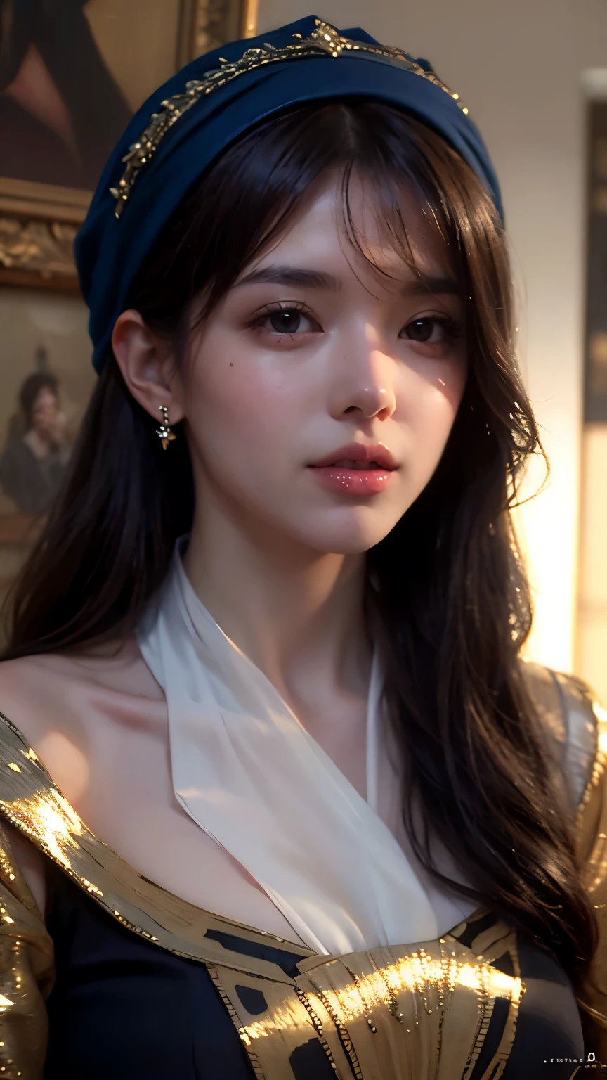 Realistic portrait of a woman with traditional Russian headscarf, intricate details, by Ilya Repin or Ivan Kramskoy, oil painting style, warm colors, soft lighting