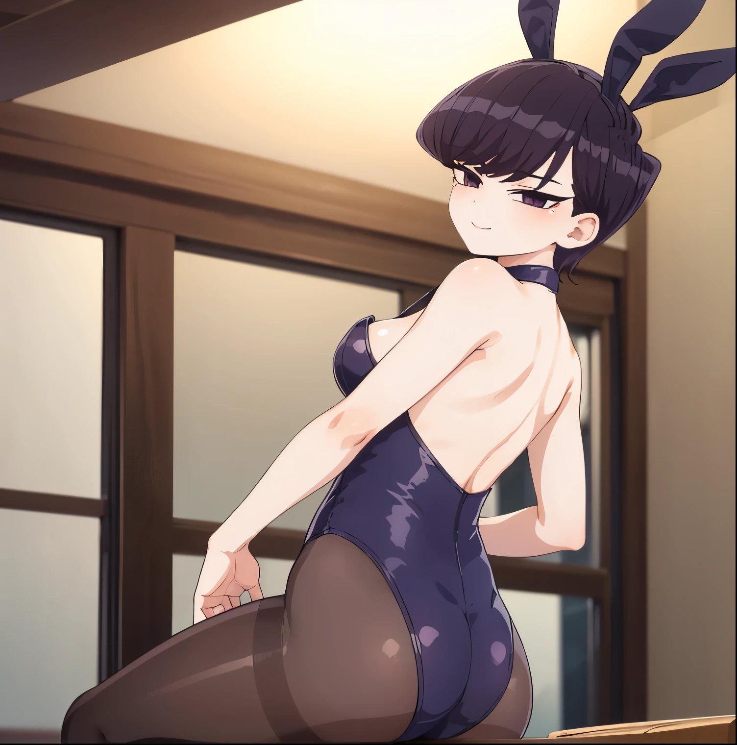 1 girl, alone, komi shuuko, short hair, dark purple hair, part on the left side of the head, dark purple eyes, smiling, seductive, makeup, light pink lipstick, purple Playboy bunny outfit, purple headband, bunny ears purple, black pantyhose, large breasts, medium waist, medium hips, medium thighs, round butt, living room, standing, looking at viewer, from behind, point of view (from below), night, open window, good lighting, perfect hands, perfect anatomy,