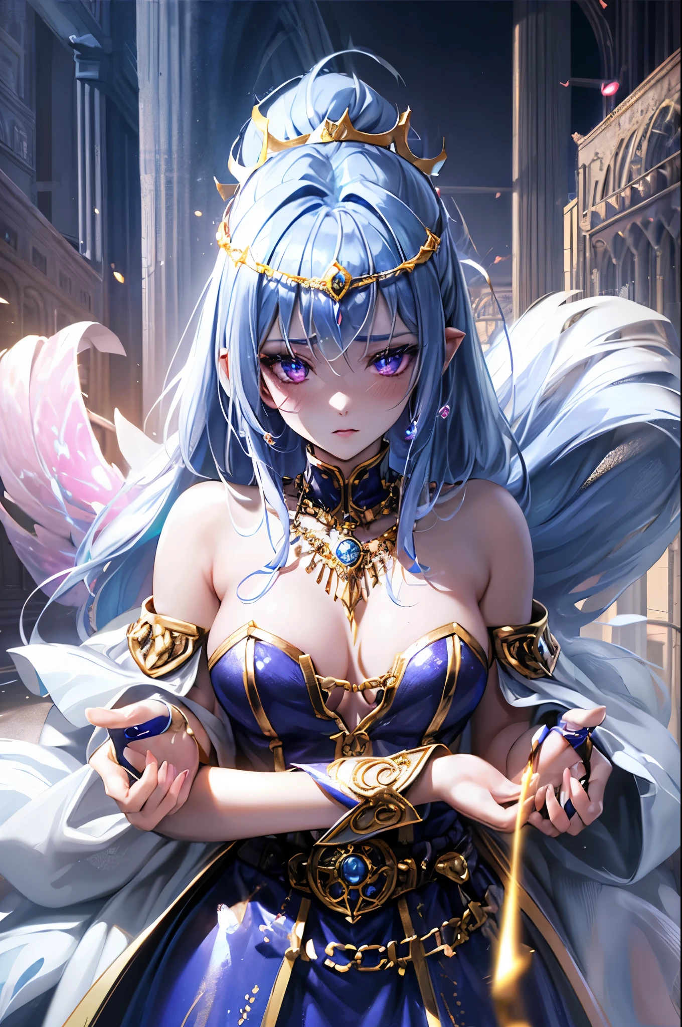 Demon hunter from celestial world, (Radiant Royal Hunter Cape: 1.2) Blue and silver Color Hunter Suit, (extremely delicate beautiful eyes and depression but arrogant eyes), (multicolor, ponytail, iridescent hair, colorful hair), (magical, mythic,fantasy), (Super Model Body Shape, idol, seducing body, attractive, gorgeous, charming, majesty, Sexy Saint aura), Original Character, Masterpiece, Tempting Dark Eyes, Blue Gemstone Accessories, Gold Belt, Gold Necklace, Under sun shine, unique crown, 16k, bare shoulders, cute, petite, solo, legend, horny blush, pink lips, cinematic lighting, full body close-up, scale up, perfect shade, colorful, korean anime art, godness halo, see-through clothes, ultra thin