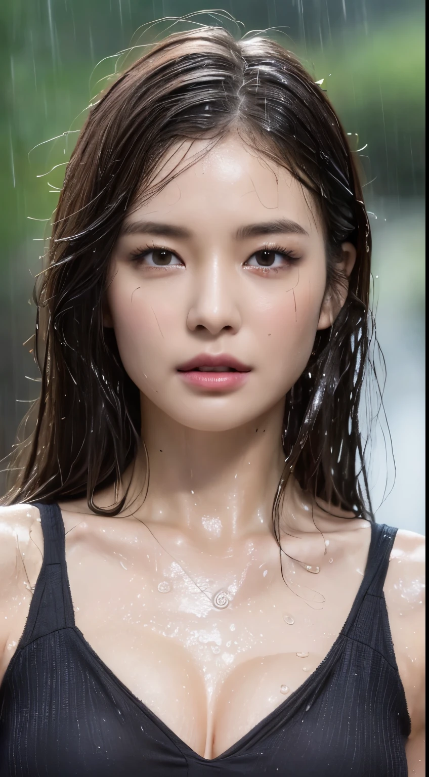 (Best quality, 4k, Masterpiece :1.3), pretty woman, 1girl, (breasts, attractive body :1.2), abs :1.1, dark brown hair: 1.1, (rainy wet, wet from rain, wet body :1.2), ultra-detailed face, detailed lips, detailed eyes, double eyelid