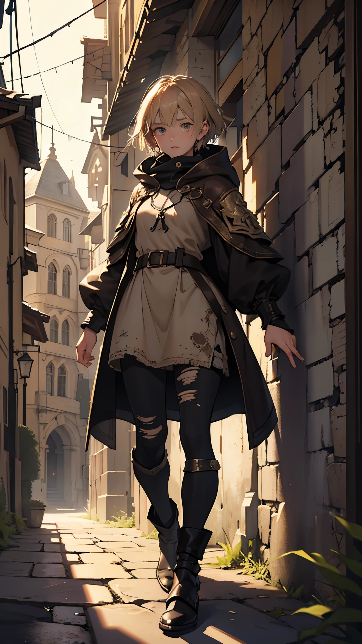 masterpiece, ultra detailed, 8K Portrait, Raw photo, a portrait photo of girl, Highly detailed face, beautiful and meticulous eyes, ((Fantasy)), 10 year old, young girl, little, dark blonde short hair, brown eyes, Kind face, skinny, (dirty and tattered clothes), dirty and tattered hooded long coat Fluttering in the wind, ((bare foots)), Midday Sun, Hyper realistic, in a medieval back alley, Ambient lighting, Shadow details , strong breeze, Light fog