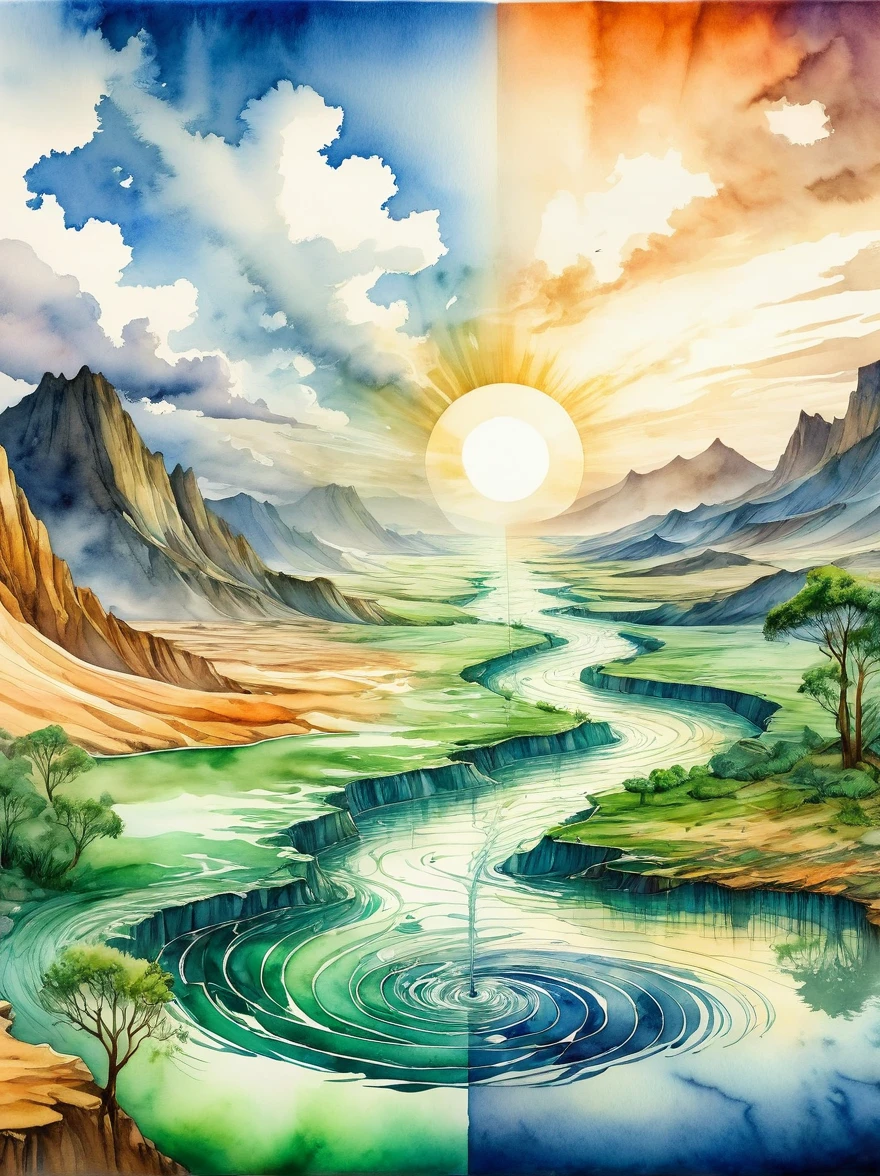 1hbgd1, An artistic representation of the concept of climate change, depicted through the medium of watercolor. The image showcases the stark contrast between a healthy, green environment on one side and a barren, desolate landscape on the other as a representation of the effects of climate change. This contrast manifests through changes in ecosystem and species, weather patterns, and ocean currents. The watercolor style emulates the fluid and changeable nature of the earth's climates and ecosystems, (Watercolor style:1.5)