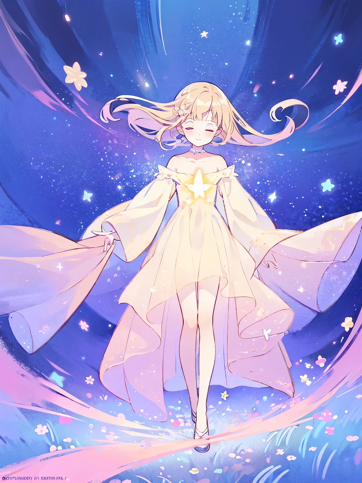 complex background, wishing star background, a woman wearing an ethereal mystical pink translucent dress that reflects the stars, perfume promo art, mystic, complex drawing, highly detailed, Covergirl brand, promo art, artistic rendition, ethereal, starry night, midjourney style