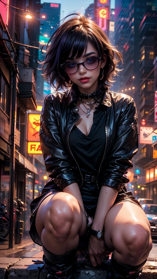 ((Imagina a una chica sexy, vulgar, cabello color morado y rosa con un peinado punk alocado, ojos sexys color rojo intenso, sonrisa sensual, standing in an urban setting under the neon lights of the city. Lleva una chaqueta oversized de color negro, combined with a pastel satin blouse. muestra sus atributos femeninos y sexys. En sus pies, lleva unas botas negras punks de plataforma que reflejan las luces de la ciudad. En una mano, lleva un bolso de lona de moda. Her red ink sunglasses have a futuristic design that gives her look a cyberpunk touch.. Her posture and expression reflect her confidence and fashionable style..,plano amplio, cuerpo completo. sentada sosteniendo sus rodillas, (foto cruda, mejor calidad), (realista, photo-realista:1.3), Obra maestra, un extremadamente perfecto y hermoso cuerpo, cuerpo palido extremadamente detallado, Best quality score, ultra dynamic fashionist sitting pose, close up, high view, fashion atmosphere, pose de modelo sentada. cabello color morado y rosa