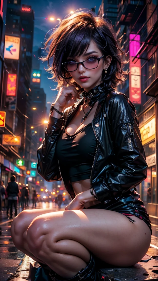 ((Imagina a una chica sexy, vulgar, cabello color morado y rosa con un peinado punk alocado, ojos sexys color rojo intenso, sonrisa sensual, standing in an urban setting under the neon lights of the city. Lleva una chaqueta oversized de color negro, combined with a pastel satin blouse. muestra sus atributos femeninos y sexys. En sus pies, lleva unas botas negras punks de plataforma que reflejan las luces de la ciudad. En una mano, lleva un bolso de lona de moda. Her red ink sunglasses have a futuristic design that gives her look a cyberpunk touch.. Her posture and expression reflect her confidence and fashionable style..,plano amplio, cuerpo completo. sentada sosteniendo sus rodillas, (foto cruda, mejor calidad), (realista, photo-realista:1.3), Obra maestra, un extremadamente perfecto y hermoso cuerpo, cuerpo palido extremadamente detallado, Best quality score, ultra dynamic fashionist sitting pose, close up, high view, fashion atmosphere, pose de modelo sentada. cabello color morado y rosa