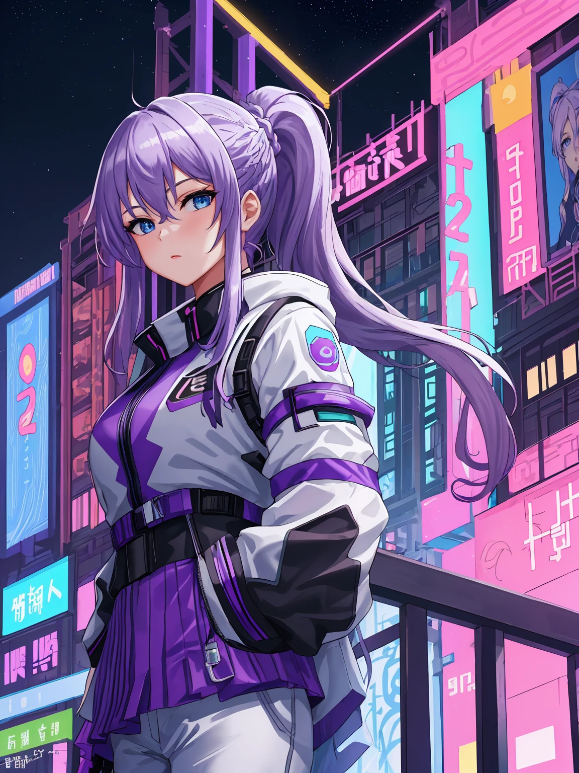 (athletic body:1.2) ,1girl, portrait, official art ,ART DIGITAL , HDR , 8K , vivid colours , (masterpiece:1.3) , blue eyes , adult ager with long white purple hair with a ponytail braided hair:1.2, wearing a purple futuristic style outfit, with white evening gloves, white long pants and purple futuristic skirt, in the beautiful starry sky, with her , high quality , high details , in the middle festival of beijing city at night, beautiful detailed face , expressions , chinese festival,style cyberpunk , high details , scam , look for viewer .