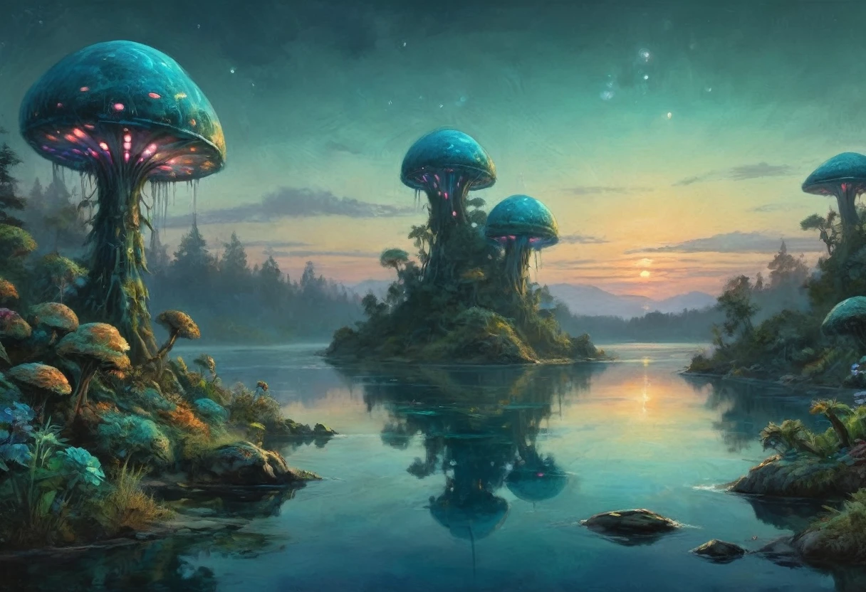 A vast alien fungoid world, bioluminescent structures, twilight, watercolor landscape, (best quality,4k,8k,highres,masterpiece:1.2),ultra-detailed,(realistic,photorealistic,photo-realistic:1.37),dramatic lighting,ethereal atmosphere,lush flora,vibrant colors,alien foliage,floating islands,tranquil lakes,reflections,fantasy art,cinematic composition,muted tones,dreamlike,mystical