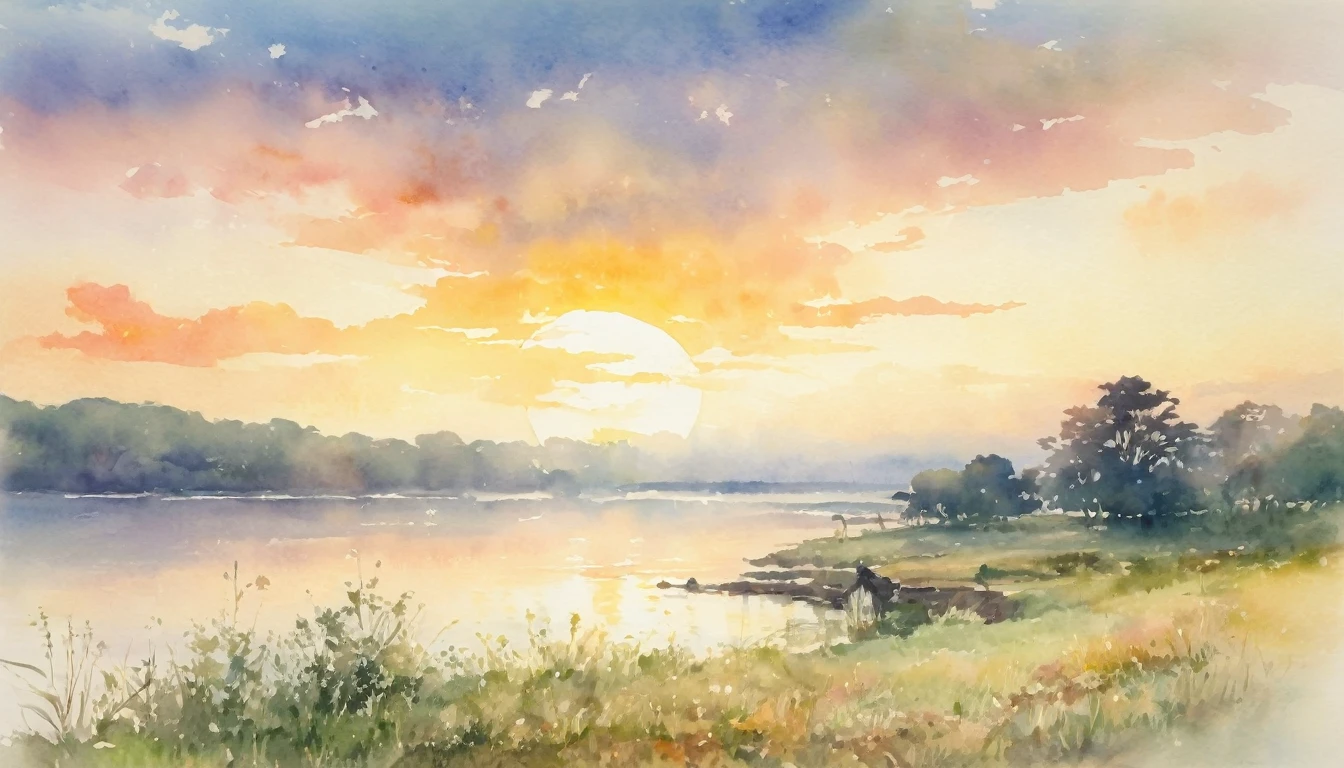 watercolor, landscape, ennui, Afternoon sun, sunset, Soft colors, Oozing, Subtle Tones, 夕sunset, Dreamy, Nostalgic, Silence, ephemeral, warmth, sunset, Pale Light, Soft Shadows, Calm, Narrative, melancholic, Honoka, Quiet Beauty, evening, peacefulness, soft, Dim, Hazy, Calm colors, Sadness, Style