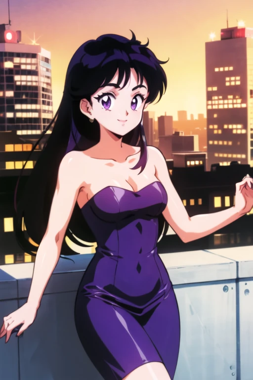 1990s \(style\), Best quality, masterpiece, Teenager, Rei Hino, Long black hair, purple eyes, Smile, Bare Neck, Bare Arms, Bare Shoulders, Strapless, Short Shiny Purple Dress, Purple Dress, Bodycon, medium breast, Standing Up, Cowboy Shot, city background, in the center, looking at you, upper body, headshot portrait, 1 girl, solo