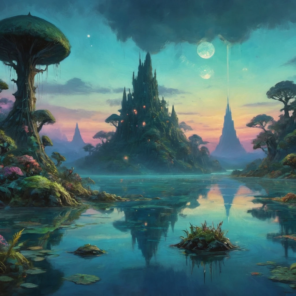 A vast alien fungoid world, bioluminescent structures, twilight, watercolor landscape, (best quality,4k,8k,highres,masterpiece:1.2),ultra-detailed,(realistic,photorealistic,photo-realistic:1.37),dramatic lighting,ethereal atmosphere,lush flora,vibrant colors,alien foliage,floating islands,tranquil lakes,reflections,fantasy art,cinematic composition,muted tones,dreamlike,mystical
