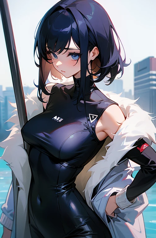 beautiful young female warrior fighter with cat ears on her head, com rosto bem detalhado e bonito, belos olhos, belos olhos, rosto lindo, beautiful young woman wearing long black leggings with black details, mini saia curta, usando jaqueta de couro preta, standing in a castle, usando bota preta, cabelo comprido com franja preto, ,orelhas de gato, belo sorriso, tomboy, um pouco musculosa,suter branco com cinta em volta, olhar serio,usando jaqueta de couro preto, com ombreiras de prata nos ombros, leather jacket