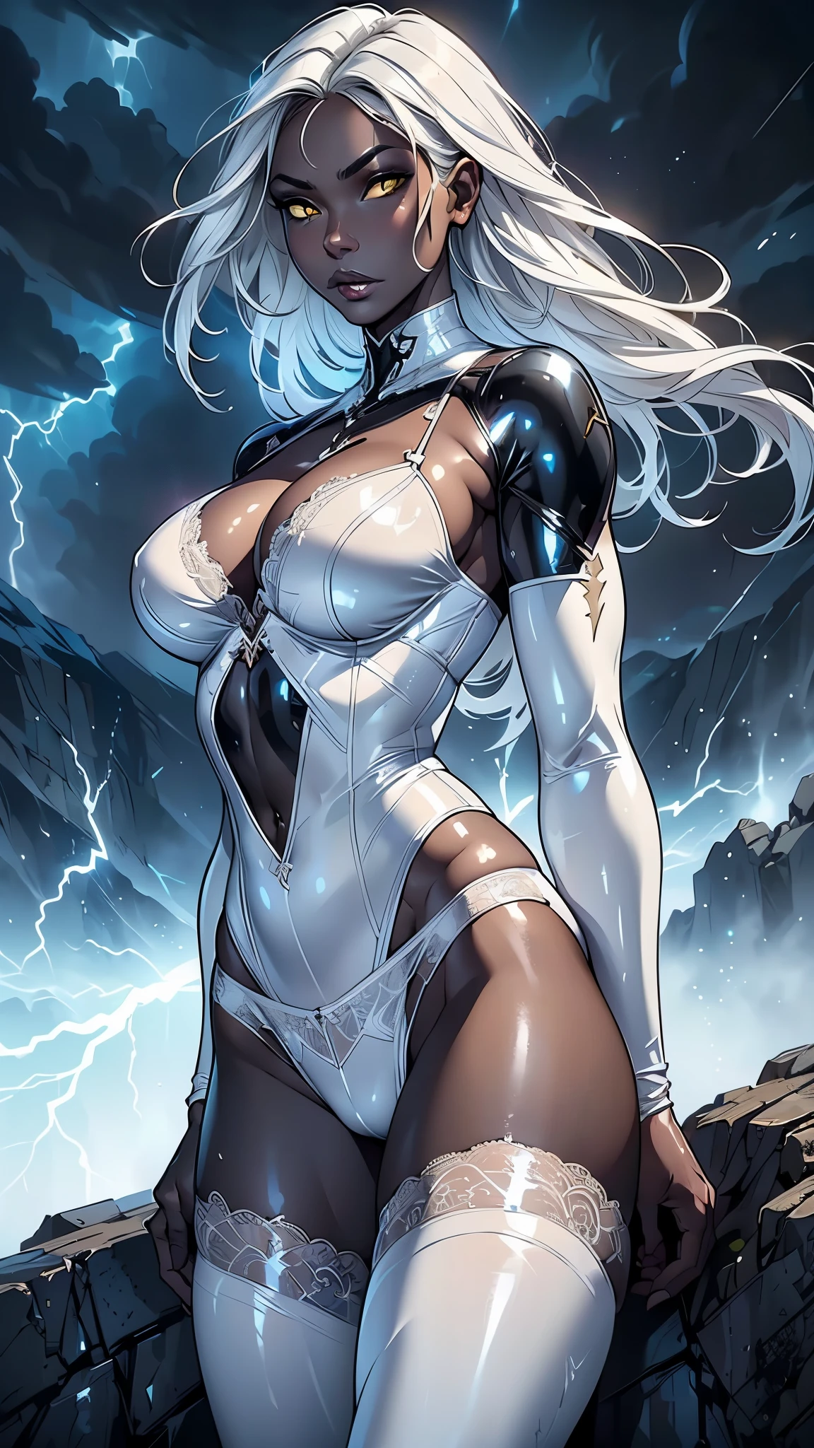 Joe Madureira Style, best quality, masterpiece, realistic, intricate, highly detailed, beautiful (african ebony woman:1.2), ( white latex lingerie :1.4), (black skin:1.4), white hair, yellow eyes, angry, BREAK, (simple white supersuit), flying, arms spread, lightning auras, lightning all over body, BREAK, (wind blow, windy:1.3), (flowing hair, wild hair:1.3), BREAK, night, dark, (shining light foreground:1.2), atmospheric fog, blue and cloudy dark sky, (cloudy, thunder, yellow lightning, storm:1.2), dramatic scenery, (hyper detailed sky background), BREAK, epic artistic, light rays, ambient light, high key, action line,, (intricate detailed light particles:1.3), lens flare, BREAK, cowboy shot, (flying pose), face focus, centered, looking at viewer, front view,( storm xmen:1.4), (storm xmen:1.4), (face detailed :1.4),( perfect anatomy :1.4), ,(Fondo de ruinas de mazmorra en ruinas piedras grandes :1.4 ), (lingerie white:1.4) , (medias blancas brillantes/pantys:1.4),(estilo encaje lingerie white :1.4),( Victoria's Secret lingerie :1.4)