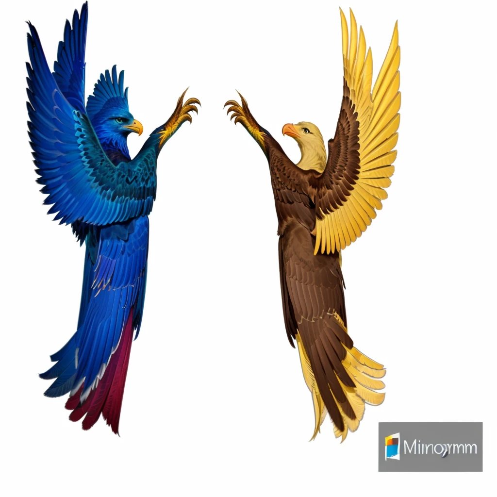 two birds are flying in the air with their wings spread, ophanim has bird wings, drawn in microsoft paint, inspired by John Trumbull, quetzal and star-nosed mole, phoenix, flying mythical beasts, eagles, battle between good and evil, flight, my rendition, which splits in half into wings, kenku, inspired by James Gillray
