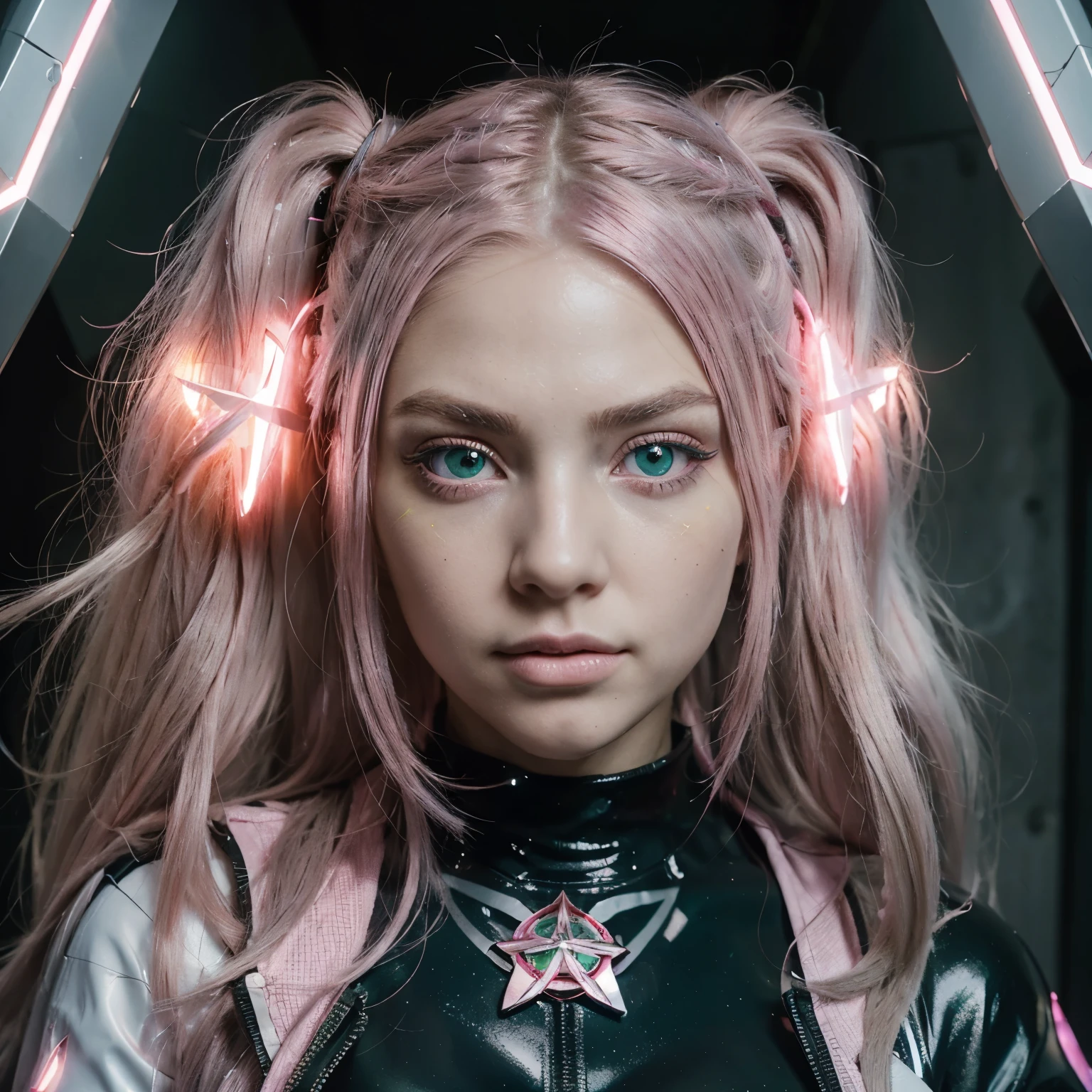 ((Masterpiece))) full body, full body Shot (one woman) ((pink hair, long hair, straight hair, Both sides up))), ((green eyes))), eyelid, eyeliner, Glow Eye, Hyper Detail Eye, complex eyes, beautiful eyes, Detailed eyes, (((star shaped pupil, glowing pink pupils))) 18 year old girl. (Wear a clear jacket made of PVC material.)) huge cool weapon machinery in hand, huge cool weapon machinery, machinery, machineryanism, machinery, Open gestures, unification
