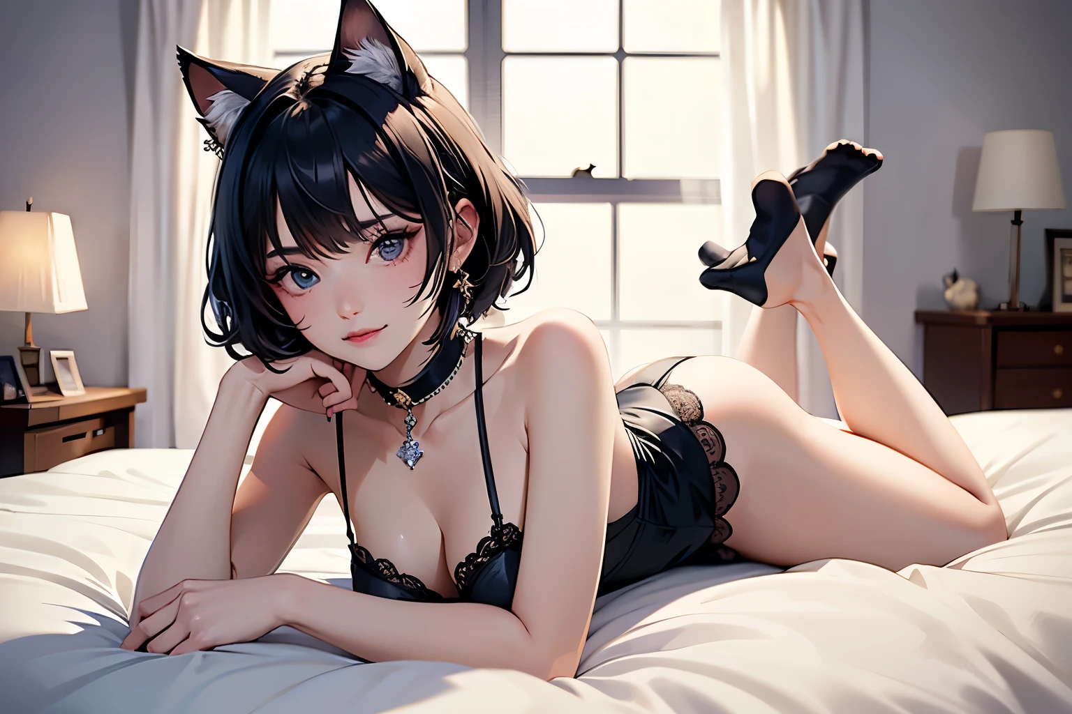 (highest quality, masterpiece, High resolution)、4K Anime Art、(One woman、20-year-old)、whole body、 (Detailed depiction of a cute face)、Black Hair、short hair、semi-long、Bobcut、Hair Bun、hair ornaments、(Cat ear)、Black Cat Costume、White Cat Costume、choker、(lingerie)、sexy mini dress、Captivating smile、Small breasts、(Lie on the bed)、Cinematic Light、Soft Light、(indoor、dim、lamp)、(Simple Background)、((Blank Background))、