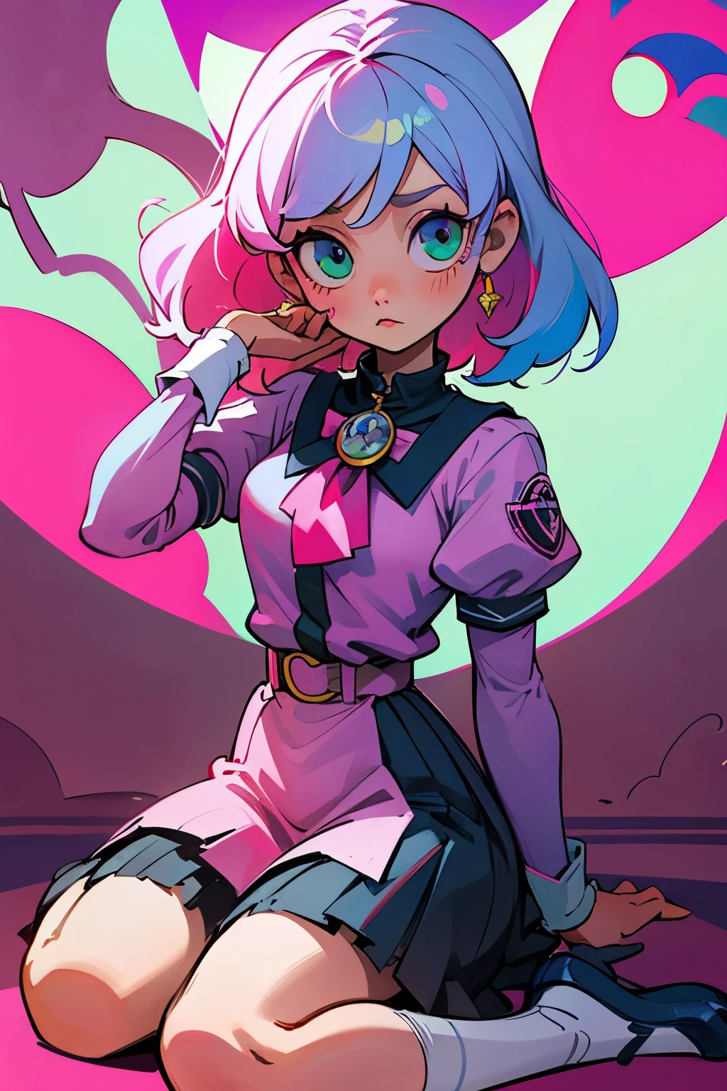 Yui una chica proveniente de paris, Iris de los Ojos rosa pastel brillantes, mejor calidad, contemporary, estilo plano, minimalismo, Illustration with green eyes breasts, Cabell Rosa, pelo corto, pelo multicolor, con un uniforme de tanatopraxista, Retrato de cabeza en primer plano, pecho grande, escote, super escote, pechos medios, Cabello Rosa pastel, 1 chica, em quimono, pintado a mano, Dibujo lineal incoloro, colorida do yandere pastel, tekken, Super cute pink hair girl with gothic makeup on the side., figura esbelta, robusto, sat on the floor, pelo muy corto, con orejas de gato, quadratic element, kawaii pink with 1910's era clothes, Alisa Bosconovich labios rosados, al estilo de la suave paleta de colores aurorapunk, an anime illustration of his face, gifs animados, hand drawn animation, bocetos encantadores, suave y brillante, romanticismo brumoso, Estilo Superflat, perspectiva, de cerca, Girado, de lado, desde arriba, corte, atmospheric perspective