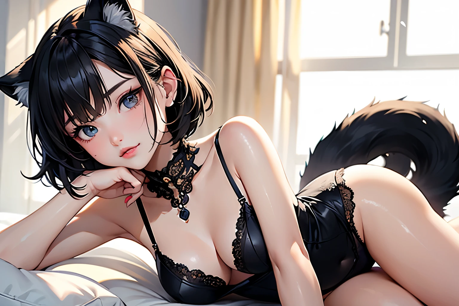 (highest quality, masterpiece, High resolution)、4K Anime Art、(One woman、20-year-old)、whole body、 (Detailed depiction of a cute face)、Black Hair、short hair、semi-long、Bobcut、Hair Bun、hair ornaments、(Cat ear)、Black Cat Costume、White Cat Costume、choker、(lingerie)、sexy mini dress、Captivating smile、Small breasts、(Lie on the bed)、Cinematic Light、Soft Light、(indoor、dim、lamp)、(Simple Background)、((Blank Background))、