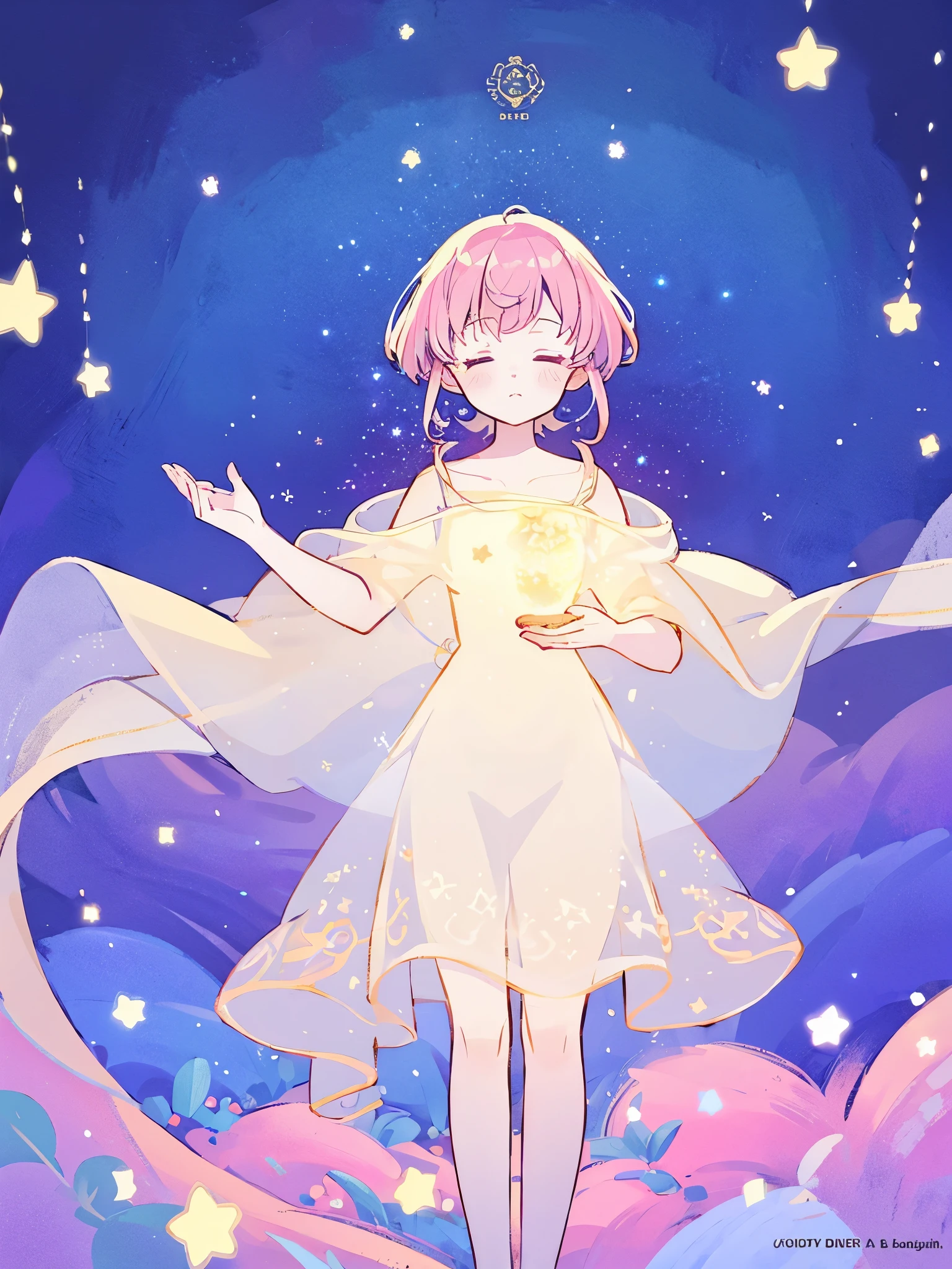 complex background, wishing star background, a woman wearing an ethereal mystical pink translucent dress that reflects the stars, perfume promo art, mystic, complex drawing, highly detailed, Covergirl brand, promo art, artistic rendition, ethereal, starry night, midjourney style
