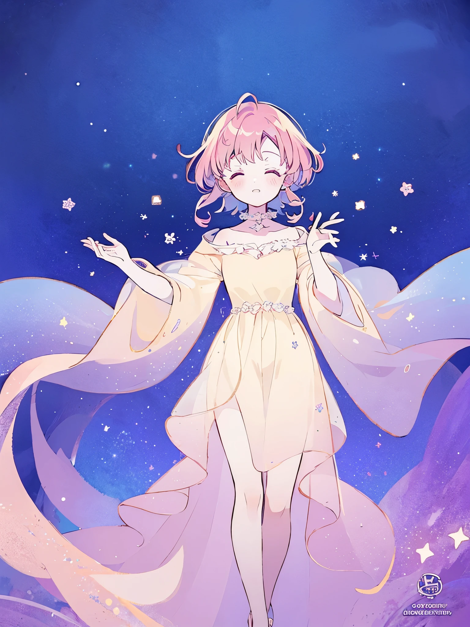 complex background, wishing star background, a woman wearing an ethereal mystical pink translucent dress that reflects the stars, perfume promo art, mystic, complex drawing, highly detailed, Covergirl brand, promo art, artistic rendition, ethereal, starry night, midjourney style