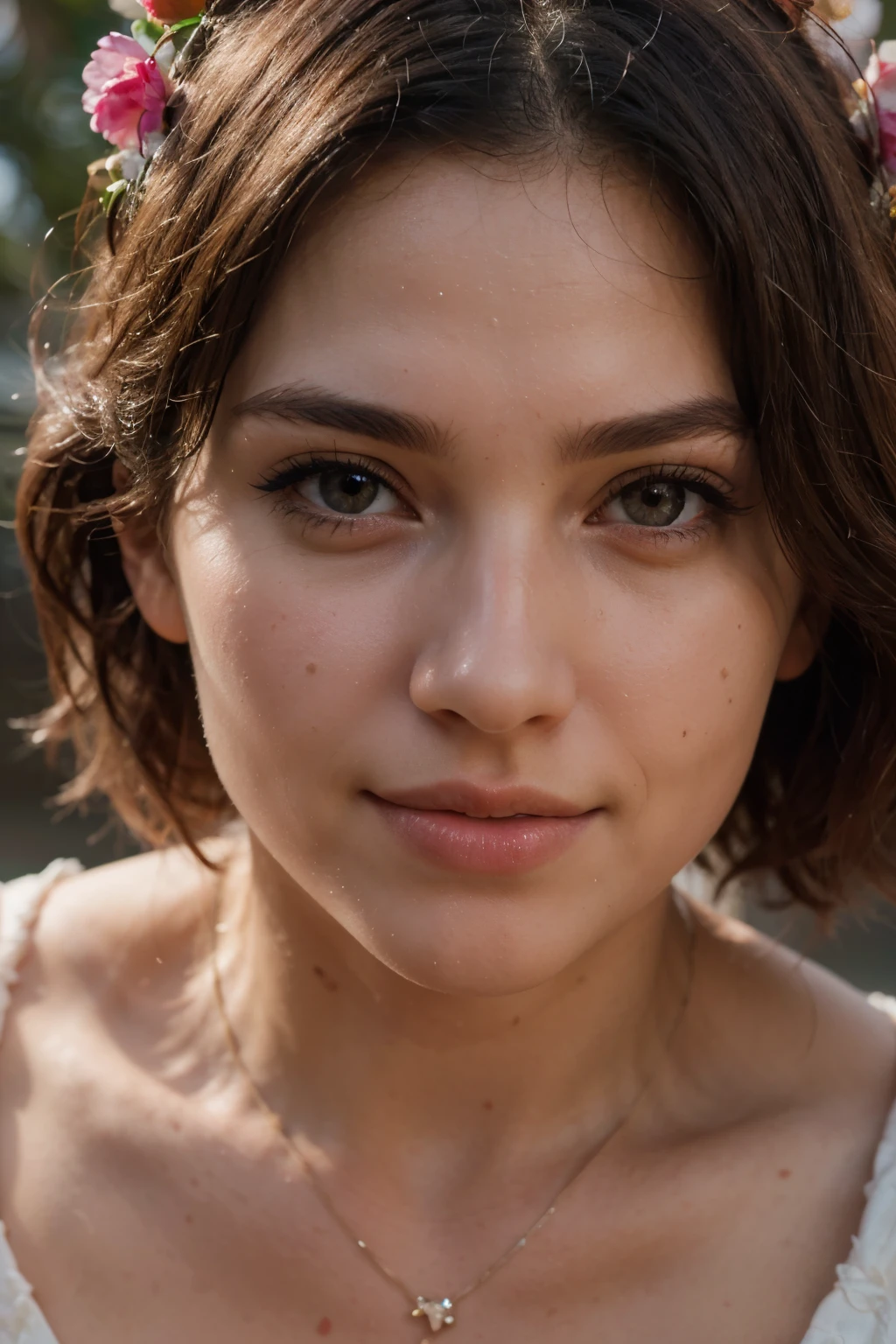 Smile, beautiful european model, Close-up shot of face only, 1 Girl with a beautiful face, Beautiful woman, (masutepiece, Best Quality, High resolution:1.4), 1girl in, Texture of skin pores, Photography, movie, movie, Full body, Realistic, (8K, Raw photo, Best Quality, masutepiece:1.2), (Realistic, photo-Realistic:1.33), Best Quality, Detailed eyes, Natural lighting, depth of fields, Film grain, sharp, detailed and Realistic portrait of a woman, stares at the camera, Chapped lips, soft Natural lighting, a portrait photo of, magical photography, Dramatic Lighting, photorealisim, Ultra-detailed, Intimate portrait composition, Leica 50mm, Short hair