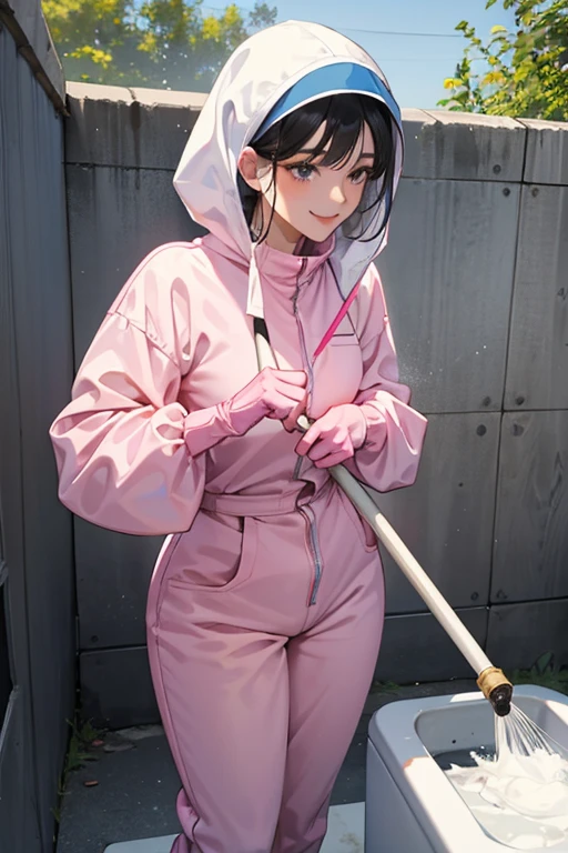 Wearing large pink rubber gloves, white rubber boots and a white cloth wrapped around her head、A dark-haired mature woman in a blue long-sleeved jumpsuit smiling kindly while cleaning a dirty public toilet in a park