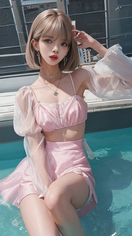 1 girl,choker necklace, jewelry, Solo, 耳Nipple Ring, long whitr hair, pantiess, self-shot, White tulle cardigan, (cropped shoulders) (Red glossy bra) (amusement waterpark background:1.3)