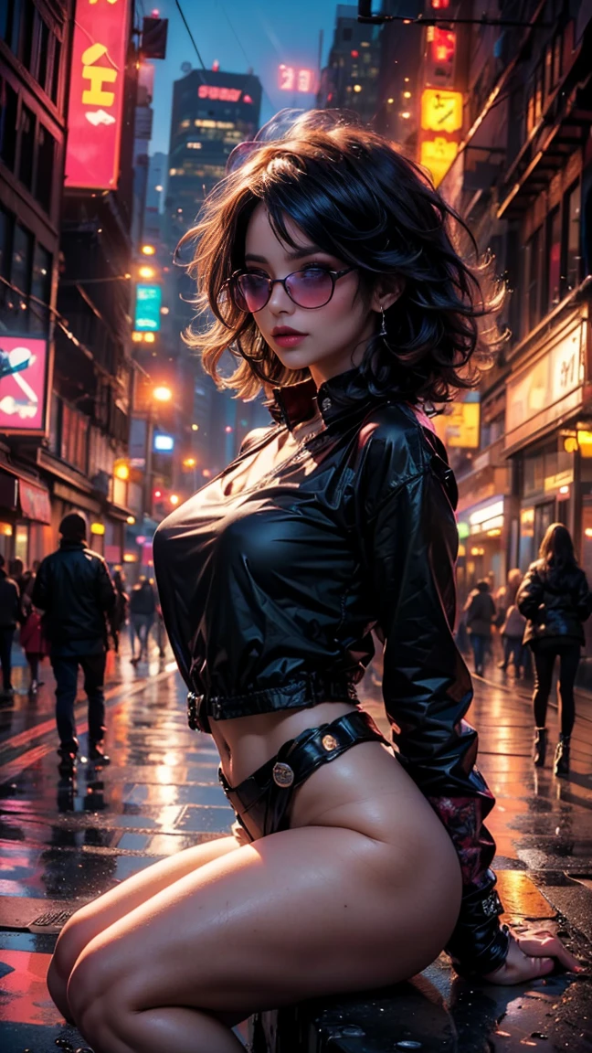 ((Imagina a una chica sexy, vulgar, cabello color rosa con mechas moradas y con un peinado punk alocado, ojos sexys color rojo intenso, sonrisa sensual, standing in an urban setting under the neon lights of the city. Lleva una chaqueta oversized de color negro, combined with a pastel satin blouse. muestra sus atributos femeninos y sexys. En sus pies, lleva unas botas negras punks de plataforma que reflejan las luces de la ciudad. En una mano, lleva un bolso de lona de moda. Her red ink sunglasses have a futuristic design that gives her look a cyberpunk touch.. Her posture and expression reflect her confidence and fashionable style..,plano amplio, cuerpo completo. sentada sosteniendo sus rodillas, (foto cruda, mejor calidad), (realista, photo-realista:1.3), Obra maestra, un extremadamente perfecto y hermoso cuerpo, cuerpo palido extremadamente detallado, Best quality score, ultra dynamic fashionist sitting pose, close up, high view, fashion atmosphere, pose de modelo sentada. cabello color rosa con mechas moradas