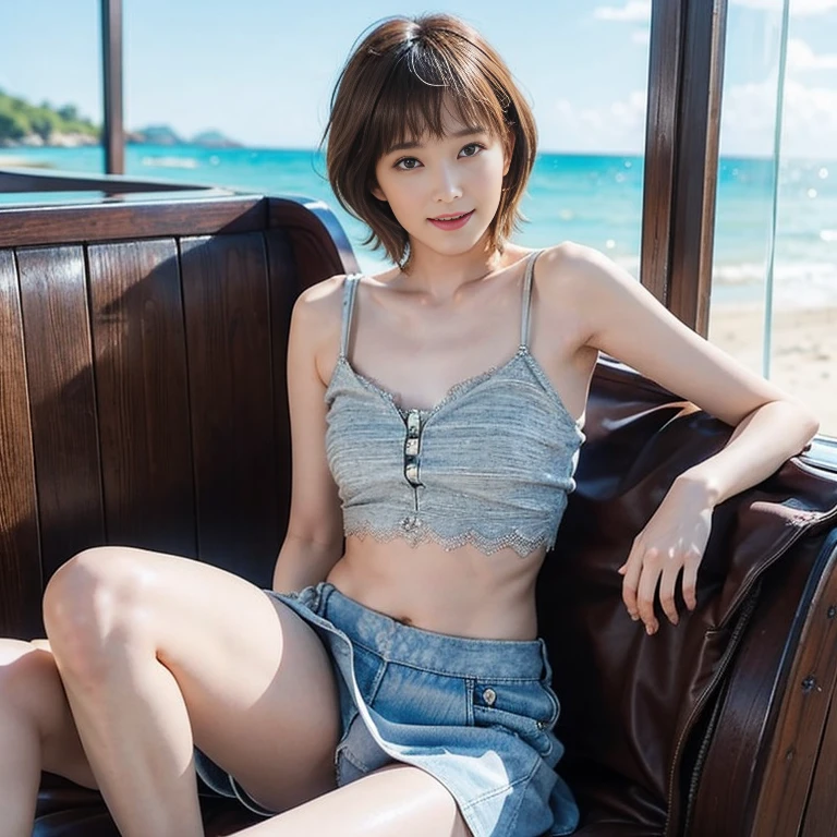 Masterpiece, 8k, best quality, 1 girl, ultra detailed face, perfect skin, perfect face, (Tsubasa Honda), japanesse actress, short hair, brown hair, brown eyes, smile, beauty, half naked, she take off her lace undershirt, medium chest, open chest, off shoulders, plattered mini skirt, sitting on the chair carelessly, spread legs apart, no panties, full body view, seaside, nice legs