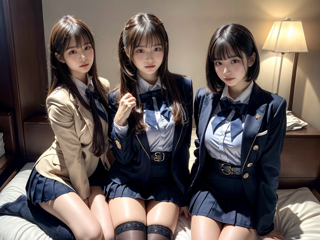 (8K, Raw photography, top-quality, masterpiece:1.2), master piece, best quality, illustration, Super detailed, fine details, High resolution, 8K,wall paper, perfect dynamic composition,(Details High quality, realistic depiction of eyes:1.3), ((2 girls, 2 schoolgirls)), The background is a luxury hotel room、High school girl uniform、blazer 、Super Short Check Uniform Skirt、Navy blue high socks、garterbelts、Colossal tits、Disturbed uniform, Play with each other,Touching each other's bodies,Touching the body of the girl next door, short bob hair, black hair color, huge breasts, Big Natural Color Lip, bold sexy pose, (perfect body shape), crying a little、cold gaze, Beautiful makeup,glitter makeup,Cutest 18 years old, beautiful legs, hposing Gravure Idol, Voluptuous thighs