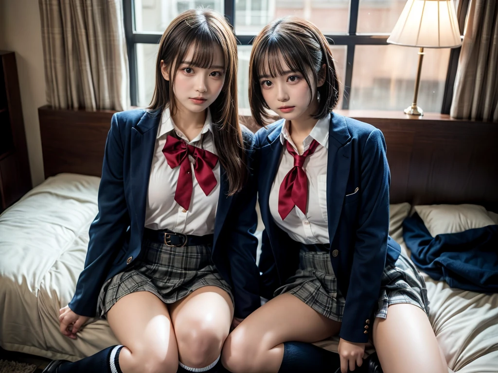 (8K, Raw photography, top-quality, ​masterpiece:1.2), master piece, best quality, illustration, Super detailed, fine details, High resolution, 8K,wall paper, perfect dynamic composition,(Details High quality, realistic depiction of eyes:1.3), ((2 girls, 2 schoolgirls)), The background is a luxury hotel room、High school girl uniform、blazer 、Super Short Check Uniform Skirt、Navy blue high socks、garterbelts、Colossal tits、Disturbed uniform, Play with each other,Touching each other's bodies,Touching the body of the girl next door, short bob hair, black hair color, huge breasts, Big Natural Color Lip, bold sexy pose, (perfect body shape), crying a little、cold gaze,  Beautiful makeup,glitter makeup,Cutest 18 years old, beautiful legs, hposing Gravure Idol, Voluptuous thighs