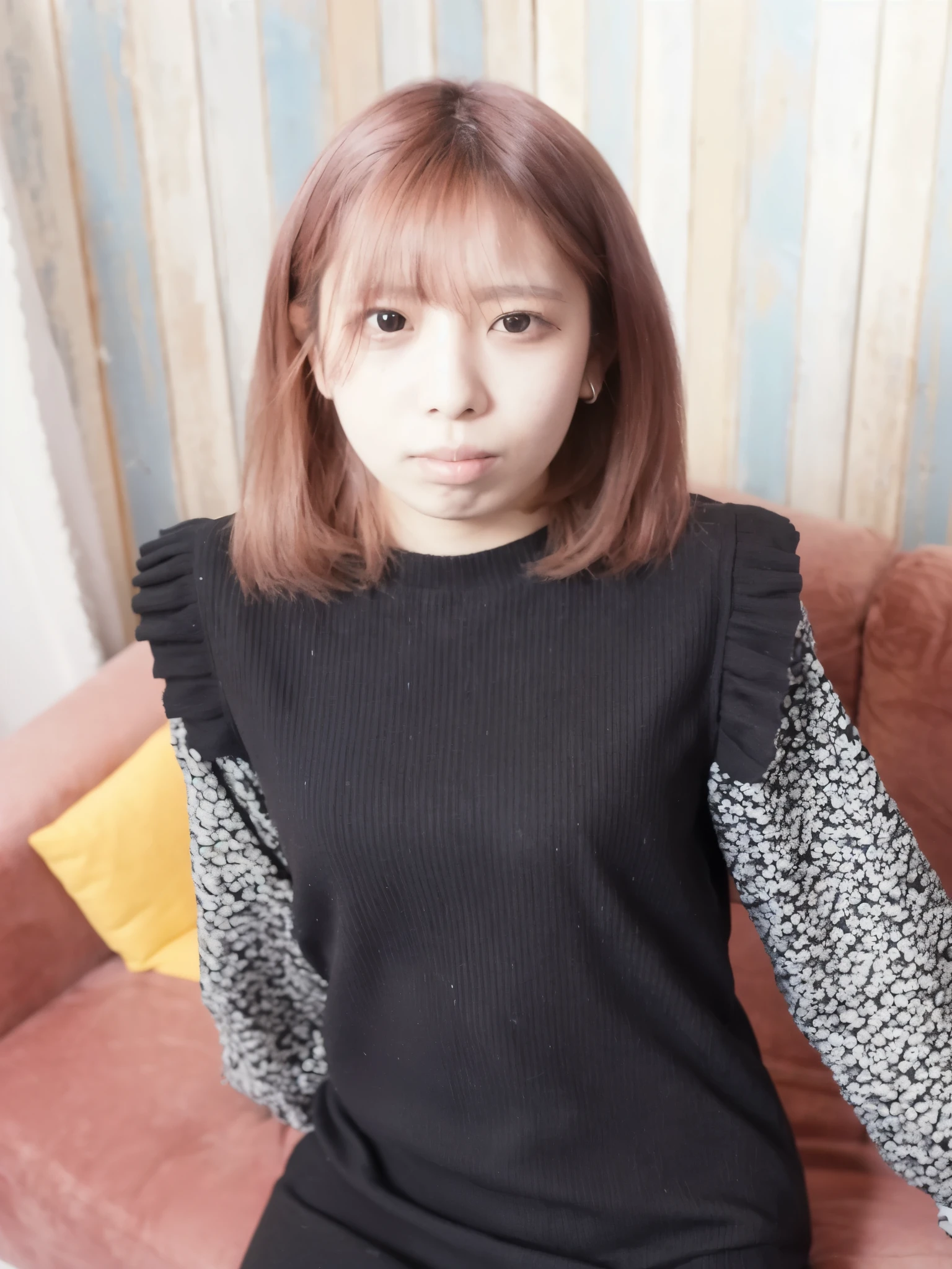 there is a woman sitting on a couch with a black sweater, chiho, taken with canon 8 0 d, with short hair, taken with canon eos 5 d, taken with canon eos 5 d mark iv, ayaka, taken with a canon eos 5 d, taken with a canon eos 5d, with serious face expression