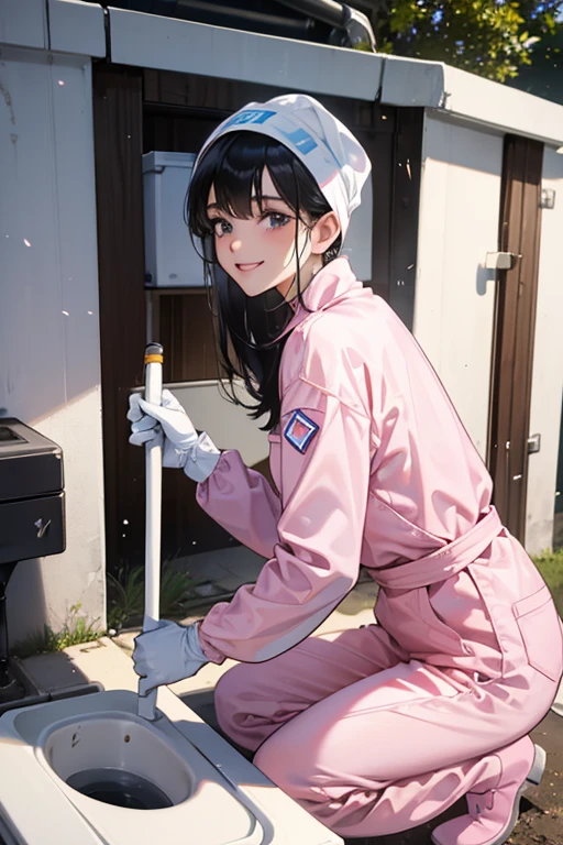 Wearing large pink rubber gloves, white rubber boots and a white cloth wrapped around her head、A dark-haired mature woman in a blue long-sleeved jumpsuit smiling kindly while cleaning a dirty public toilet in a park