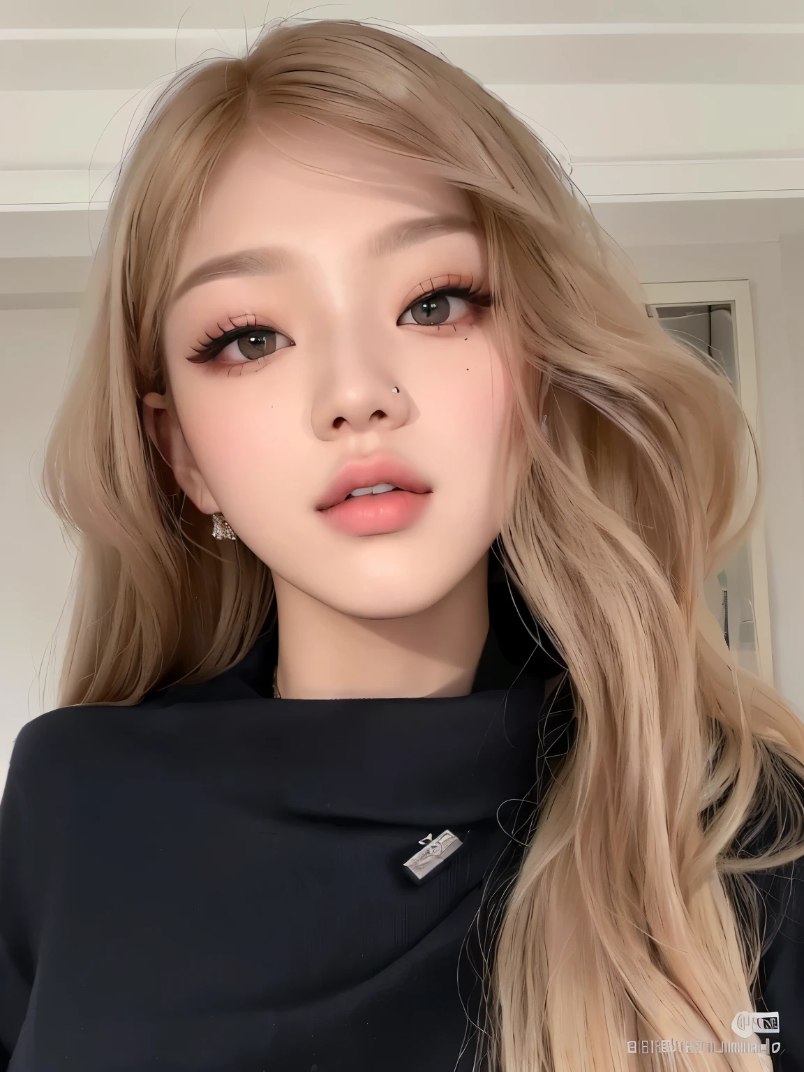 a woman with long blonde hair and a black top, roseanne park of blackpink, popular south korean makeup, popular korean makeup, lalisa manobal, portrait of jossi of blackpink, jossi of blackpink, lalisa manoban of blackpink, beautiful south korean woman, korean girl, young adorable korean face, beautiful aesthetic face, ulzzang
