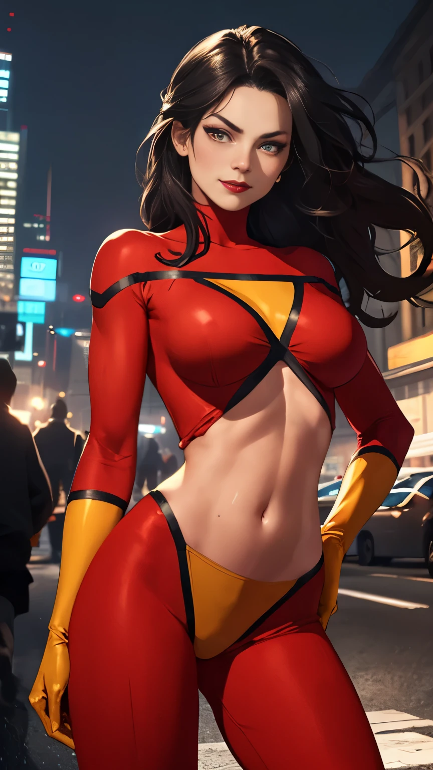 (Highly quality, masterpiece, detailed), Night city detailed scenario, Night city detailed background, 20 years old girl, smirk, Jessica_Drew_aiwaifu, long hair, black hair, large breasts, lips, lipstick, gloves, red shirt, red pants, yellow gloves, Leather clothes, yellow shirt, yellow pants, thighs, crop top, glaring at the viewer, Abdomen, Navel, beautiful eyes, perfect eyes, looking at the viewer, Sexy pose