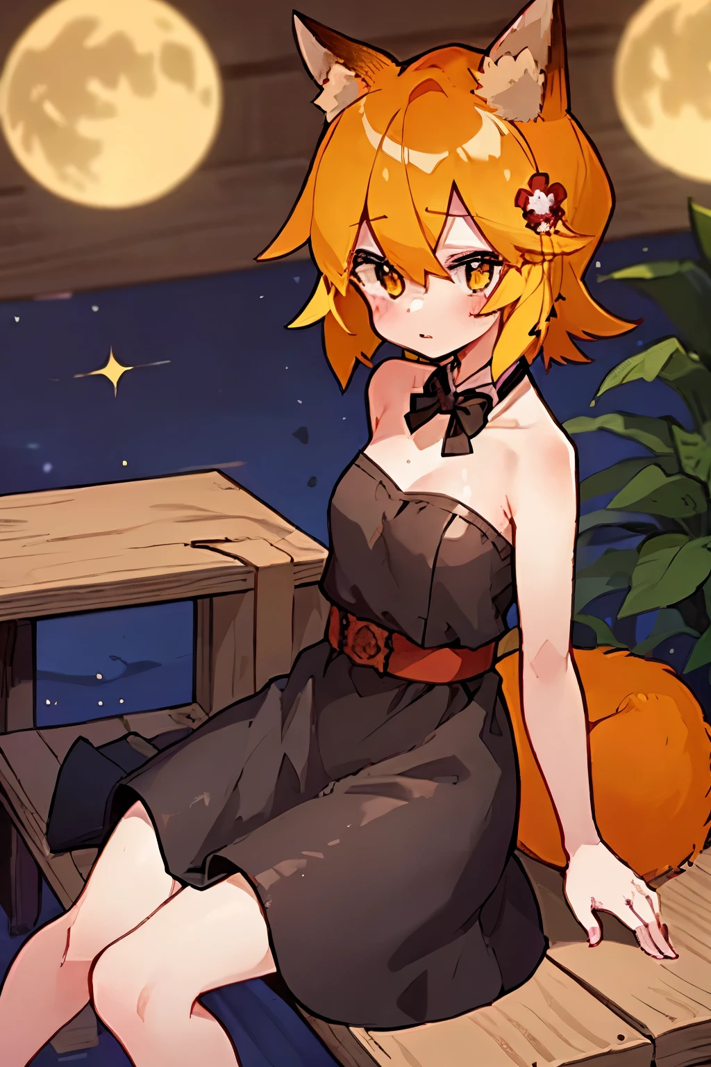 masterpiece, best quality, highly detailed, sen, animal ears, fox ears, fox girl, fox tail, hair flower, hair ornament, orange eyes, orange hair, short hair, tail, blush, looking at viewer, , girl, small breasts, detailed hands, keqing (opulent splendor) (genshin impact), official alternate costume, dress, night, strapless dress, looking at viewer, cleavage, black dress, strapless, bare shoulders, bangs, bow, detached collar, ribbon, double bun, two-tone dress, hair ornament, black bow, hair ribbon, blue dress, bowtie, sitting on bench