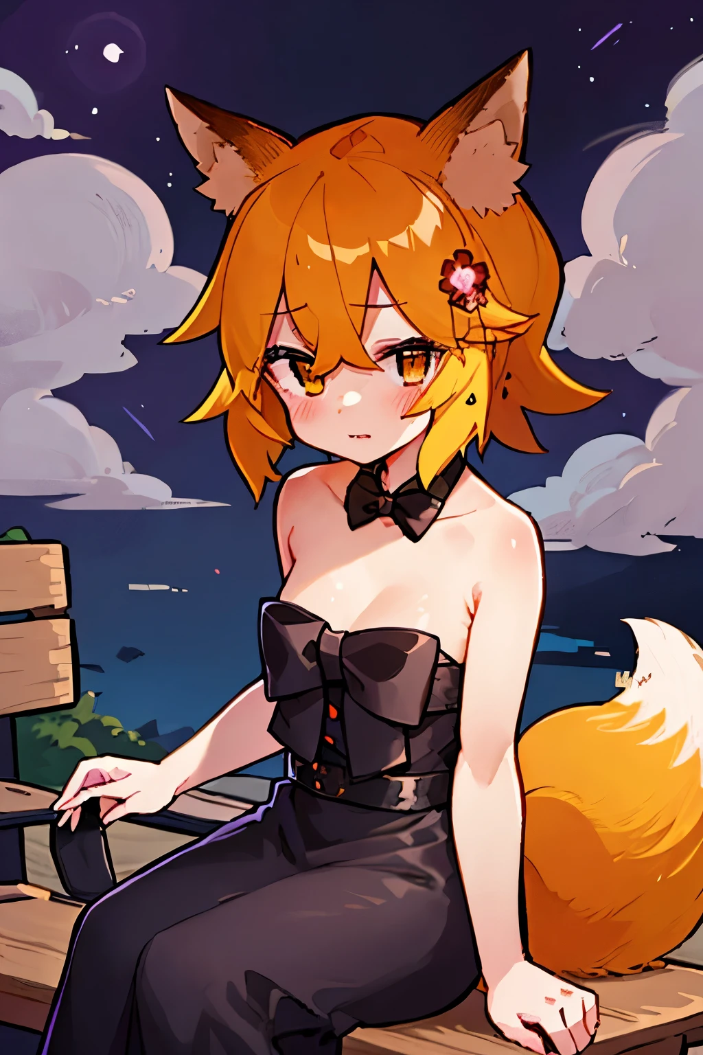 masterpiece, best quality, highly detailed, sen, animal ears, fox ears, fox girl, fox tail, hair flower, hair ornament, orange eyes, orange hair, short hair, tail, blush, looking at viewer, , girl, small breasts, detailed hands, keqing (opulent splendor) (genshin impact), official alternate costume, dress, night, strapless dress, looking at viewer, cleavage, black dress, strapless, bare shoulders, bangs, bow, detached collar, ribbon, double bun, two-tone dress, hair ornament, black bow, hair ribbon, blue dress, bowtie, sitting on bench