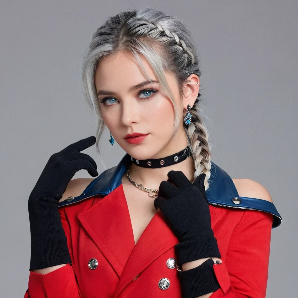 1girl, aqua eyes, back, bangs, bare shoulders, black gloves, blue eyes, braid, choker, earrings, fingerless gloves, from behind, gloves, grey hair, holding, jacket, jewelry, long hair, looking at viewer, looking back, nail polish, off shoulder, parted lips, piercing, ponytail, red jacket, solo, upper body,baiyi,[[realistic]],(shiny skin),(masterpiece:1.4),(best quality:1.4)