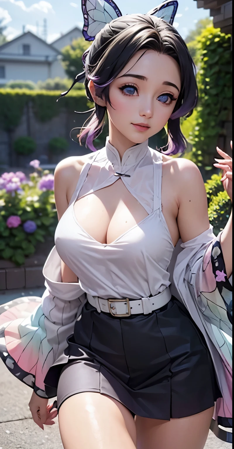 Ultra-realistic 8K CG,masterpiece,((Highly detailed background, Delicate pattern, Intricate details)),mini skirt、Beautiful 、Beautiful thighs、highest quality,very detailed face,Very beautiful eyes and face,Very beautiful eyes,Kocho Shinobu,Colorful Hair,No bangs,Hair intake,Purple eyes,amount,,belt,(garden:1.2),Purple Flower,a bit,cloudy null,sunlight,Tyndall effect,slope_null,face,Gorgeous null,West Saber,Attractive posture,