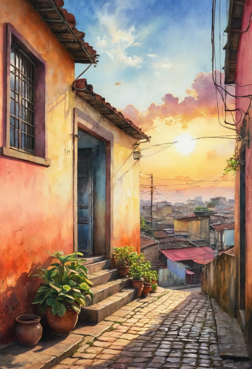 (watercolor), landscape, ennui, Afternoon sun, sunset, sunset, Soft colors, Absent-minded, Warm Light, South America, Slum Street, colorful, Cobblestones, Old house, plant, Pastel tones, Romantic, Tranquility, Nostalgic, Sunlight, shadow, Roof tiles, Wooden Door, Iron balcony, Faint light, Soft clouds, Calm, 夕sunsetの空, elegant, Permeate